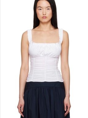 STAUD White Ruched Tank with Ruffled Straps